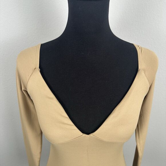 Alix NYC Jansen Bodysuit Womens Small Tan V-Neck One Piece Stretch Minimalist - Picture 2 of 14